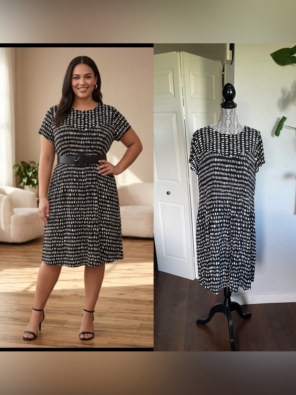 NWT Plus Abstract Polka Dot Crew Neck Crinkle Midi Dress. Black/White. Size 2X